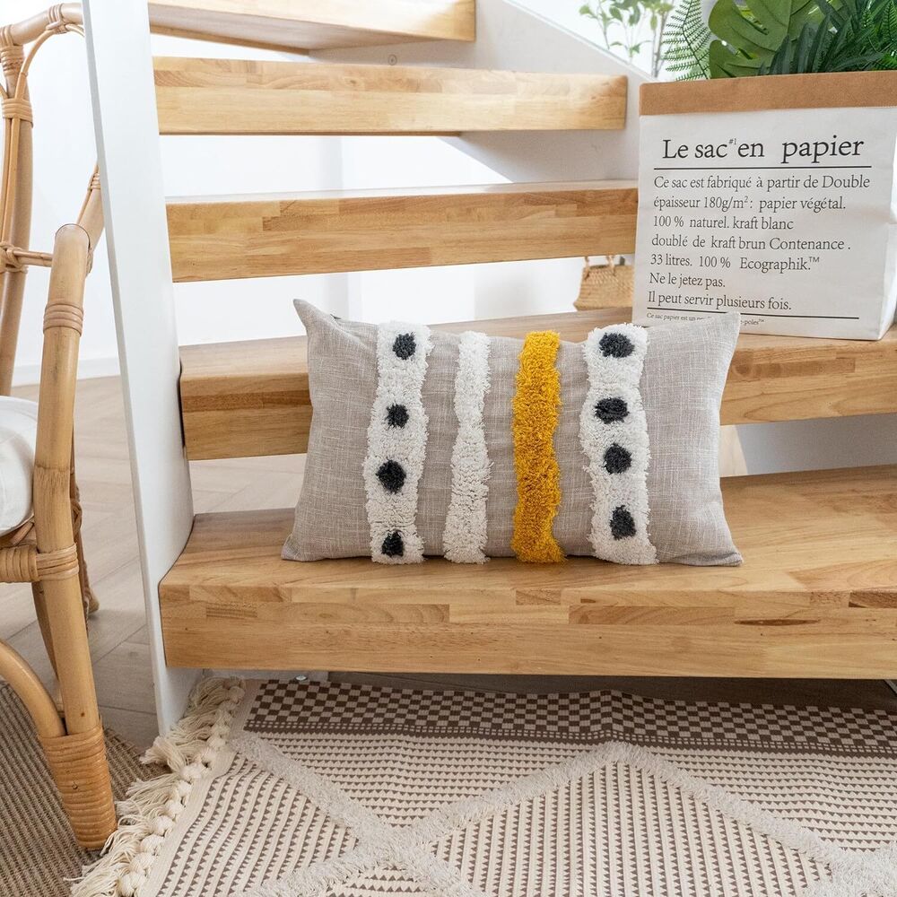 Boho Tufted Lumbar Throw Pillow Cover with Handwoven Stripes Cotton Cushion