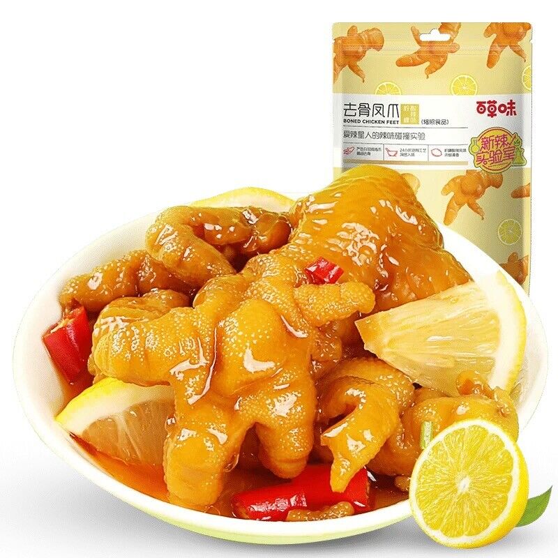 百草味柠檬酸辣味去骨凤爪无骨鸡爪脱骨鸡脚爪 75gx3bag Baicaowei Lemon Sour Spicy Boneless Chicken Feet