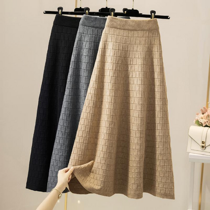 Elastic High Waist Knitted Skirt Women Plaid Solid Color A-line Bag Hip Skirt