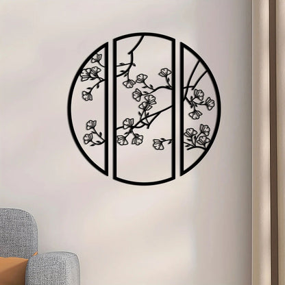 3pcs/set Ginkgo Metal Wall Art Decor, Black Simple Line Round Wall Art Sculpture