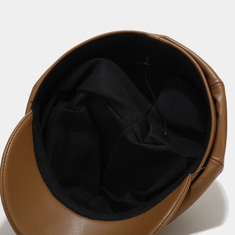 Lady Girl Newsboy Gatsby Beret Baker Boy Hat Cap Sheepskin Leather Vintage Black
