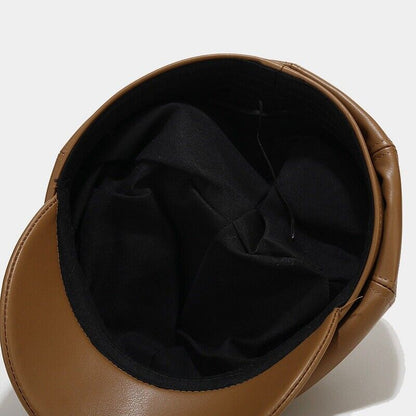 Lady Girl Newsboy Gatsby Beret Baker Boy Hat Cap Sheepskin Leather Vintage Black