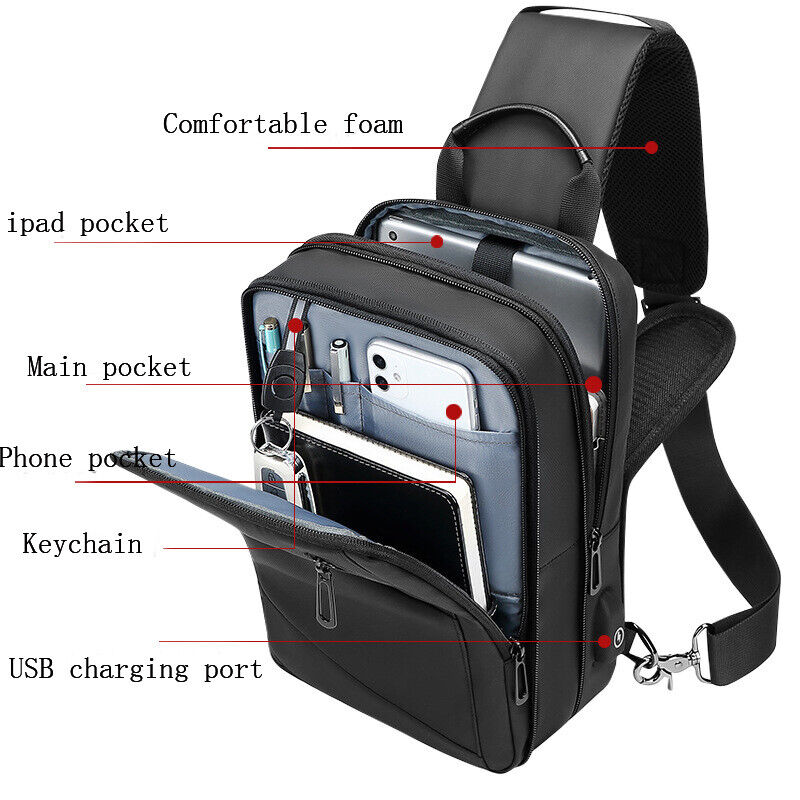 Men's Sling Backpack Oxford cloth Waterproof Crossbody Bag USB Port Sport Bags
