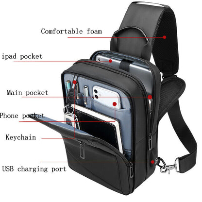 Men's Sling Backpack Oxford cloth Waterproof Crossbody Bag USB Port Sport Bags