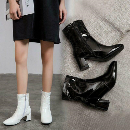 Women's Square Toe Ankle Boots Patent Leather Chunky Heels Leisure Zip Shoes New