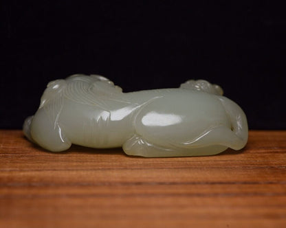 Chinese Natural Hetian Jade Hand Carved Lion Figurine Statue Collection Art Rare