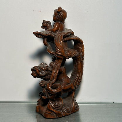 Chinese Boxwood Carving Dragon Phoenix Children Statue Figurine Home Decor Art