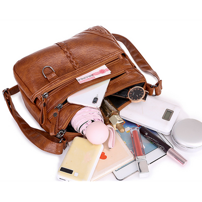 Women's Soft Leather Shoulder Bags Multi-Layer Shopper Bag Crossbody Handbag
