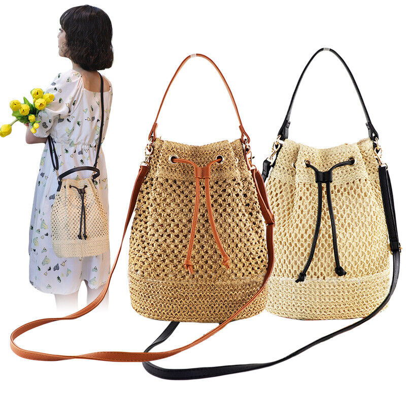 Lady Hand Woven Straw Bag Bucket Bag Beach Bag Shoulder Bag Crossbody Drawstring