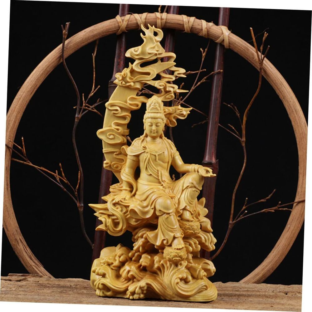 Wooden Guanyin Chinese Kuan Statue Lucky Buddha Figurines Buddhist Wood Decor