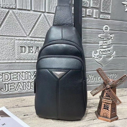 Top Soft Cow Leather Black Sling Backpack, Mens Casual Crossbody Bag for Hiking