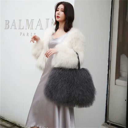 Women Real Mongolian Sheep Fur Handbags Ladies Casual Fluffy Fur Tote Bags