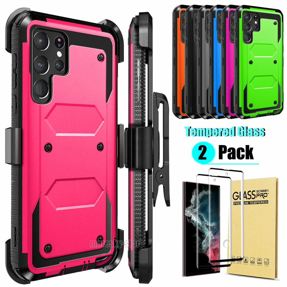 Case For Galaxy S22 5G Ultra + Clip Belt Stand Cover / Tempered Glass Protector