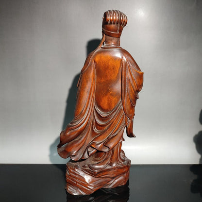 7" Chinese Antique Wooden Statue Carvings Boxwood Zhuge Liang Wisdom Reflection