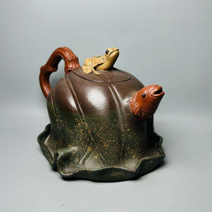 Vintage Chinese Yixing Purple Clay Teapot Zisha Ceremony Lotus Leaf Frog Tea Set