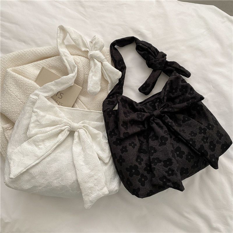 Large Canvas Shoulder Bag Summer Fashion Bow Shopper Bag Adjustable Strap Length