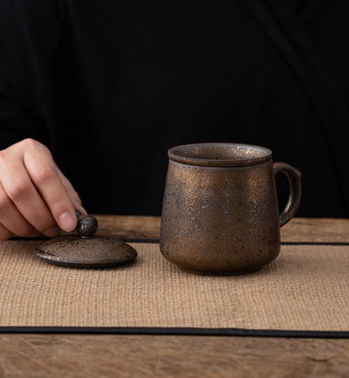 Coarse Pottery Tea Mug Ceramic Tea Cup with Gourd Lid