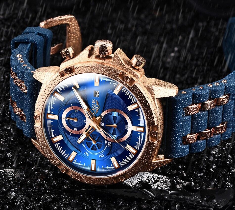 LIGE Men Watch Mens Bridge Manual Mechanical Dial Watch Rose Gold Blue Metal New