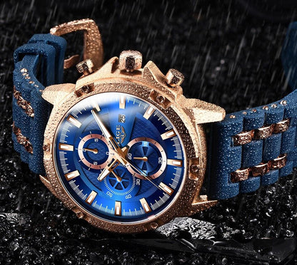 LIGE Men Watch Mens Bridge Manual Mechanical Dial Watch Rose Gold Blue Metal New