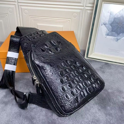 Original Crocodile Skin Leather Crossbody Bag, Men's Luxury Black Sling Backpack