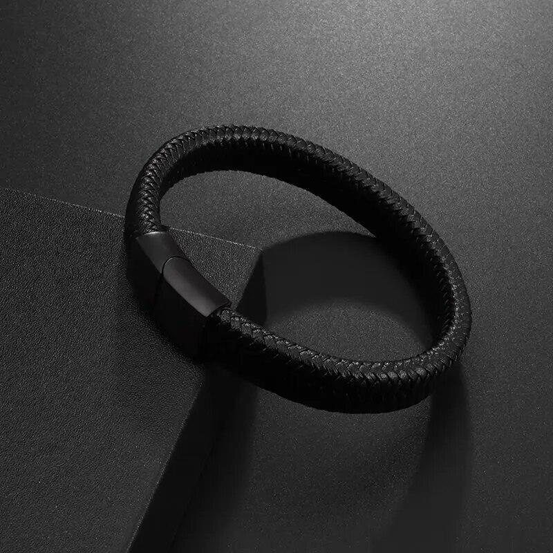 Black Bracelet Men's Braided Leather Bangle Stainless Steel Cuff Wristband