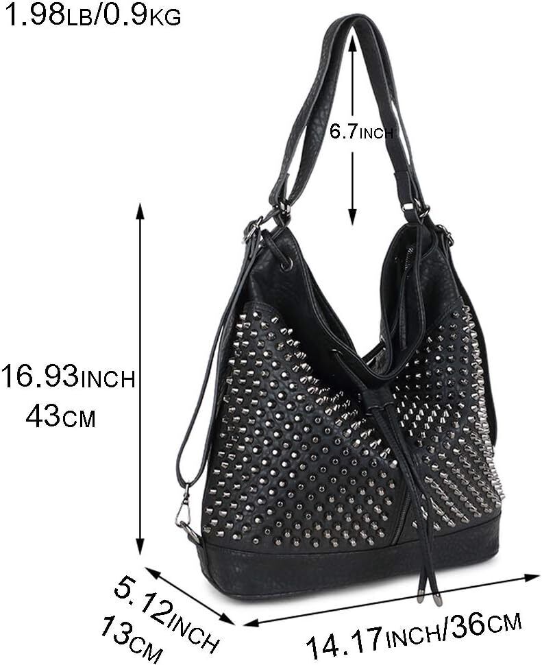Chikencall Over-size Studded Bucket Bag for Women,3 Ways Multifunction Black