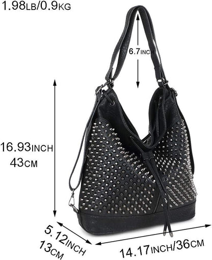 Chikencall Over-size Studded Bucket Bag for Women,3 Ways Multifunction Black