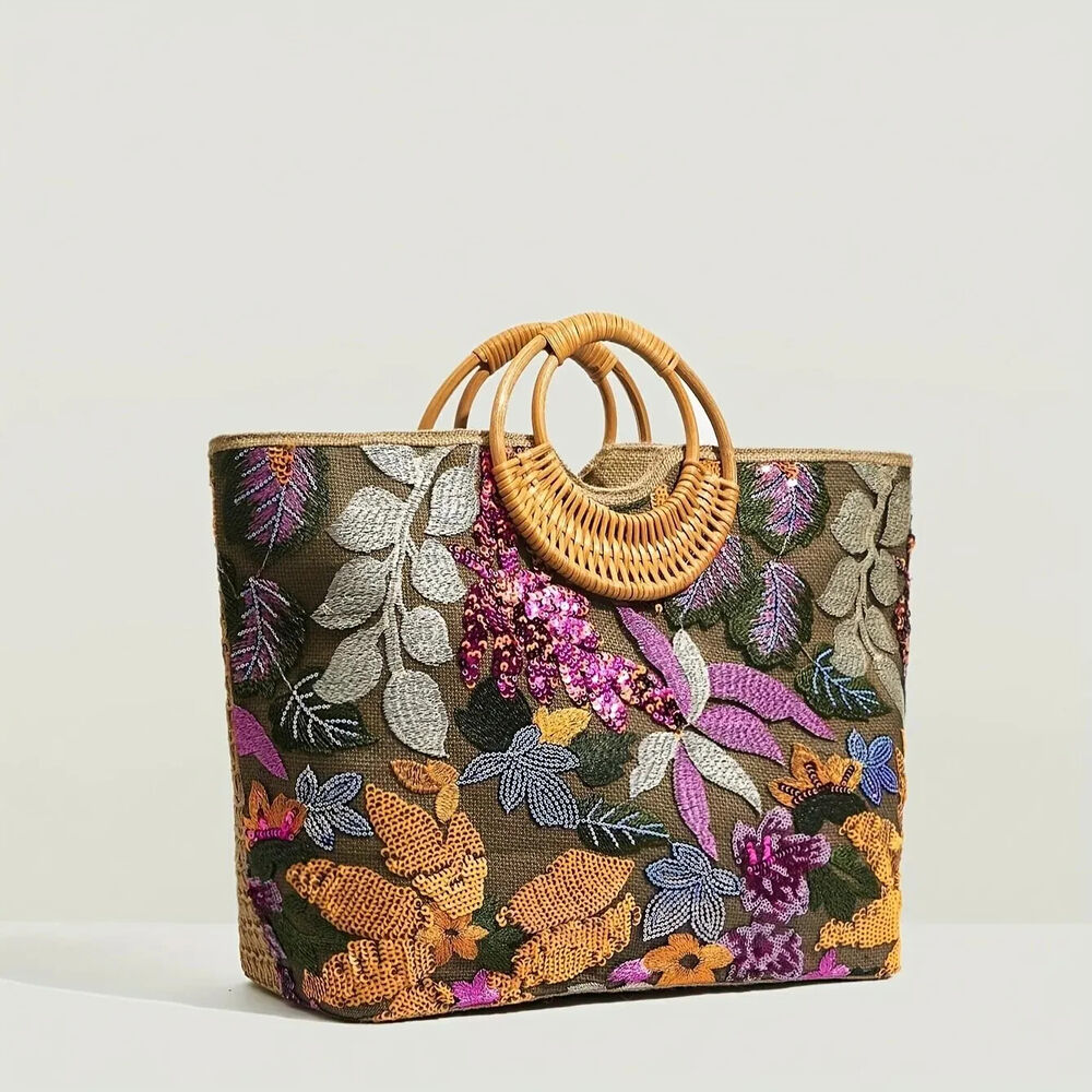 Sequin Flower Graphic Top Handle Bag, Ethnic Tote and Bohemian Handbag Vacation