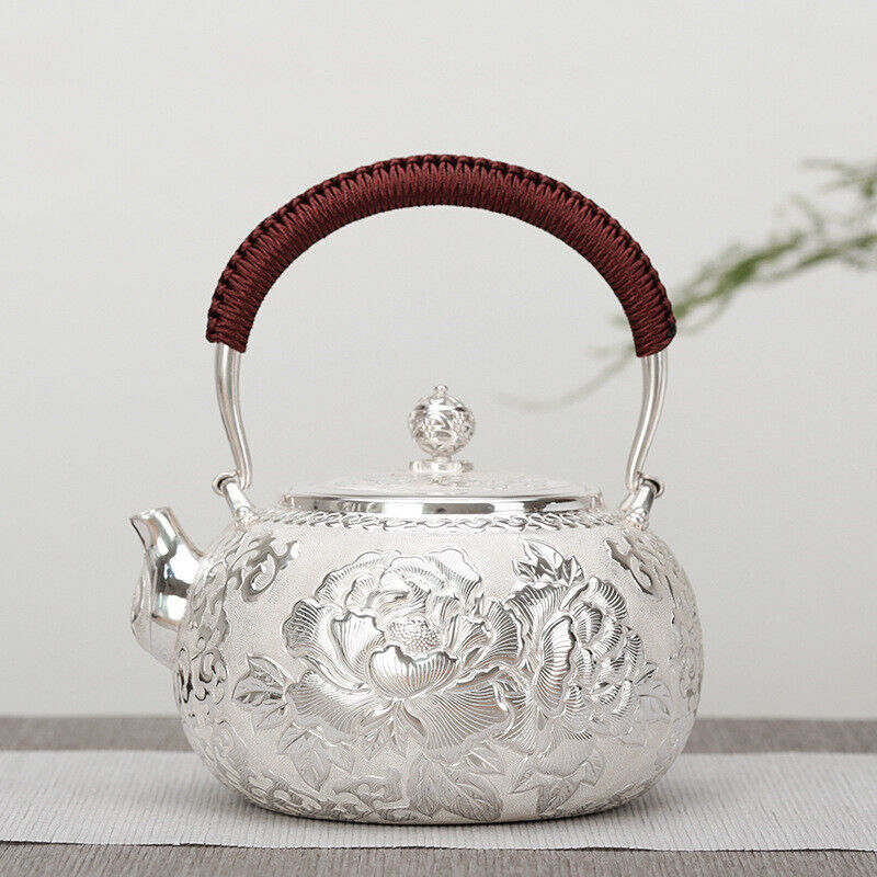 Sterling Silver Tea Set Stove Kettle Tea Pot Tea Cups Handmade Wealth Blooms Set