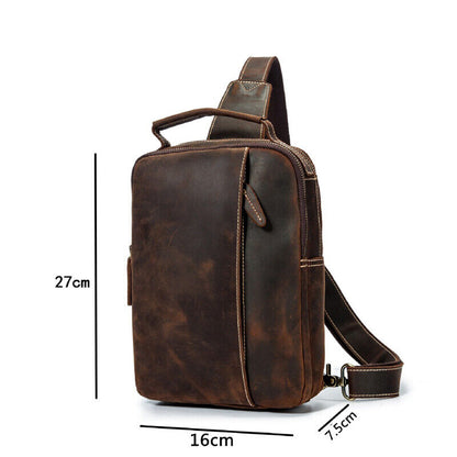 Men's Sling Backpack Crazy Horse Leather Large Capacity Chest Bag Crossbody Bag
