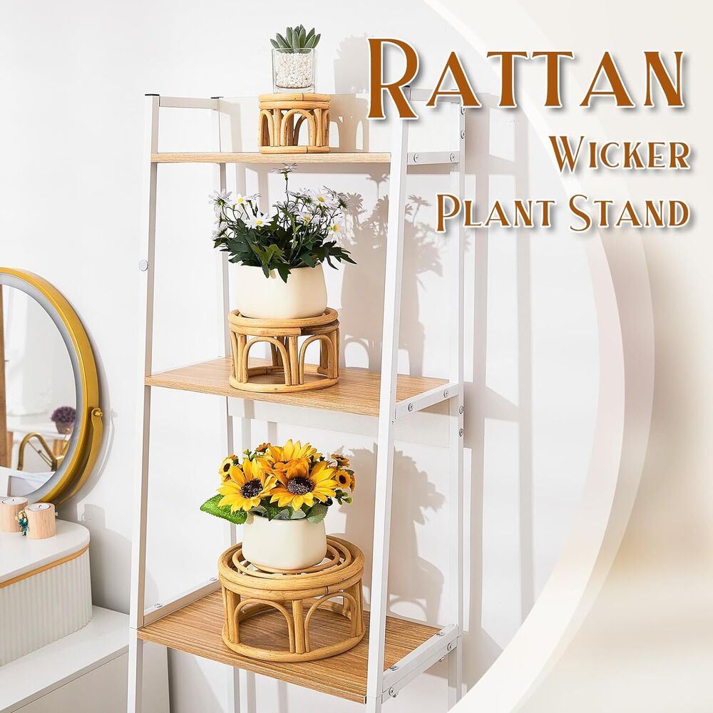 Woven Rattan Plant Stand Wicker Riser Stand Indoor Outdoor Home Decor Set of 3