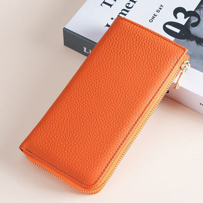 Togo Leather Women's Long Wallet, RFID Blocking Card Holder Zipper Clurch bag