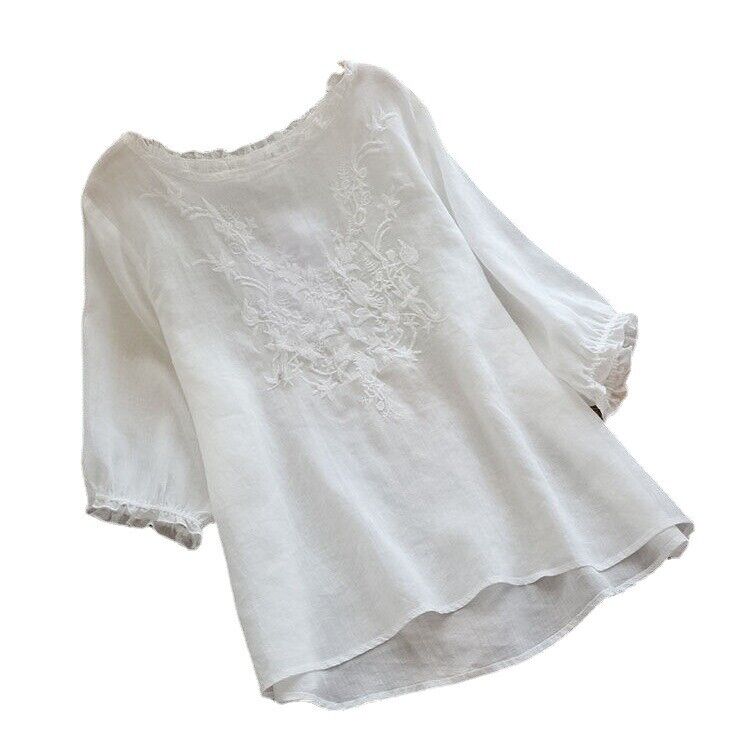 Women Summer Cotton Linen Shirt Casual Blouse Summer Baggy T-Shirt Tunic Tops