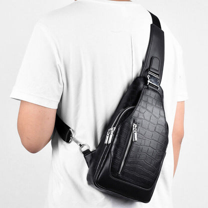 Men's Sling Backpack 100% Genuine Leather Crocodile Crossbody Chest Bag Daypack