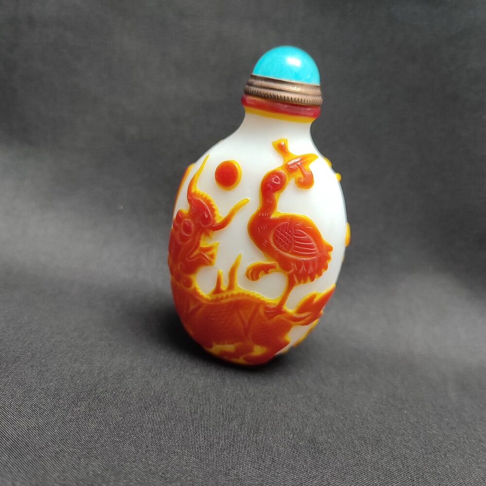 Chinese Crane Statue Carved Glass Snuff Bottle Orane Sculpture dragon kylin Rare