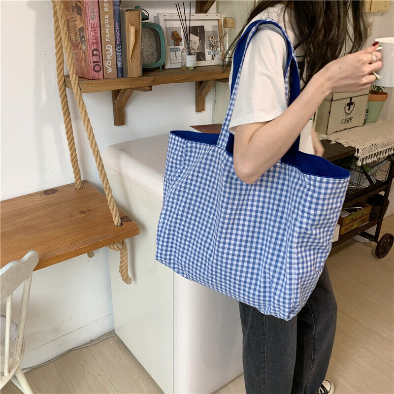 Canvas Bags Women Shoulder Totes Bag Handbags Girls Plaid Shopper Bags