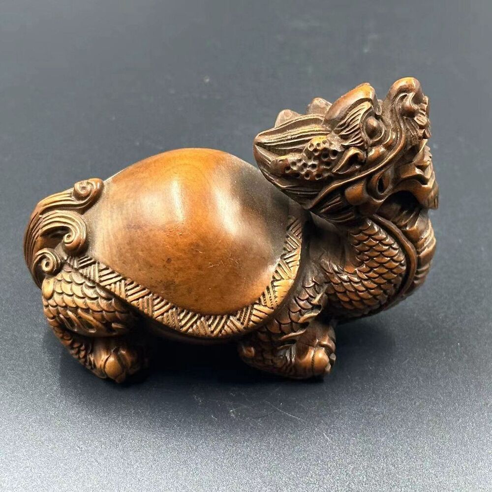 Collections Chinese Boxwood Carving Dragon Turtle Statue Nice Figurines Artwork