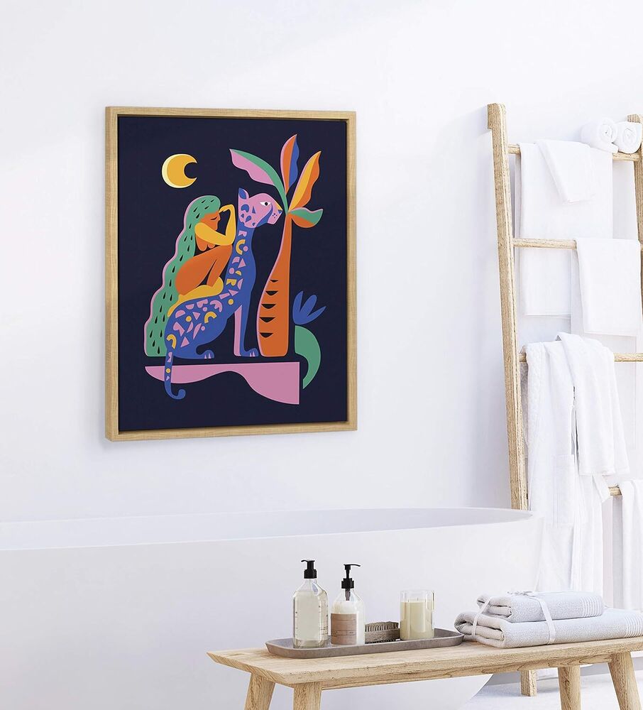 Sylvie Girl on Cheetah Framed Canvas Wall Art Home Office Decor colorful 18x24