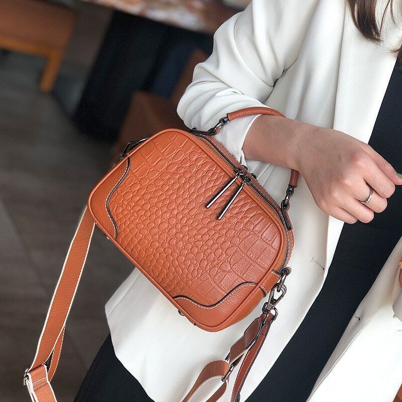 Genuine Leather Bag Wide Strap Handbag Crossbody Polyester Shell Shoulder Purse