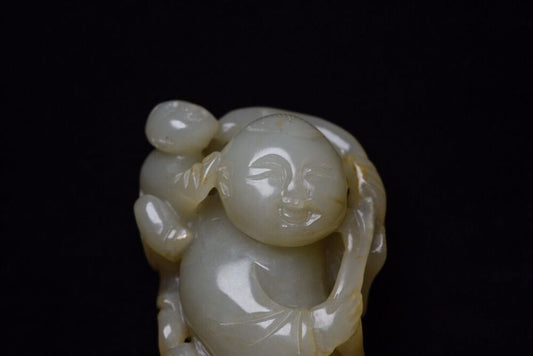 Chinese Natural Hetian Jade Hand Carving Children Statue Exquisite Figurines Art