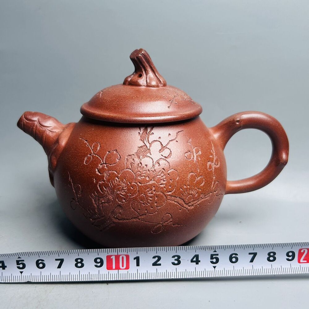 Vintage Chinese Yixing Purple Clay Teapot Zisha Ceramic Carving Plum Blossom Art