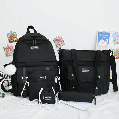 5 Pcs Sets School Bags Teenage Girls Women Backpacks Laptop Travel Bagpack Solid