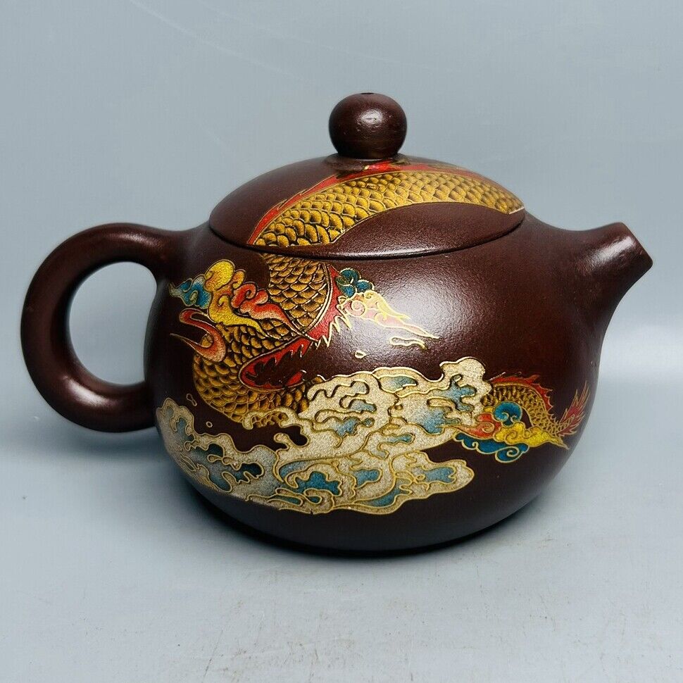 Vintage Chinese Yixing Purple Clay Teapot Zisha Ceremony Painted Dragon Teaware