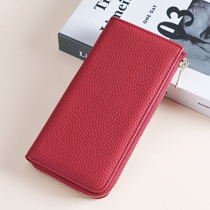 Togo Leather Women's Long Wallet, RFID Blocking Card Holder Zipper Clurch bag