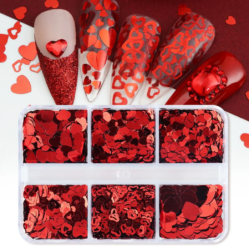 Nail Art Glitter 6 Grids Red Love Heart Sequins Flakes DIY Valentines Decoration