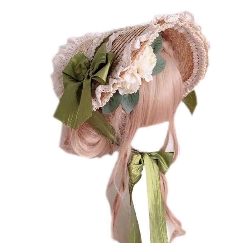 Women Lolita Hats Pastoral Style Flat Tops Lace Flower Ribbon Straw Beach Bonnet