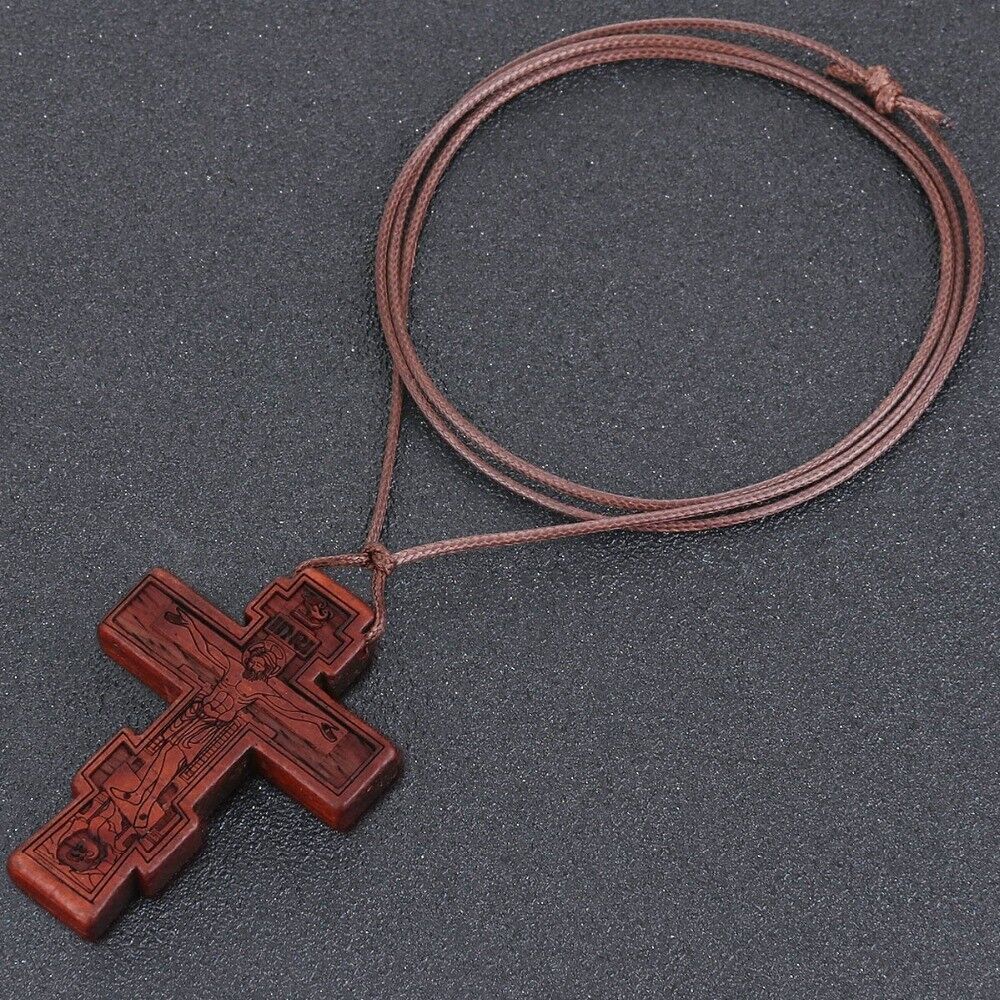 Wooden Cross Jesus Christ Religious Crucifix Christian Orthodox Pendant Necklace