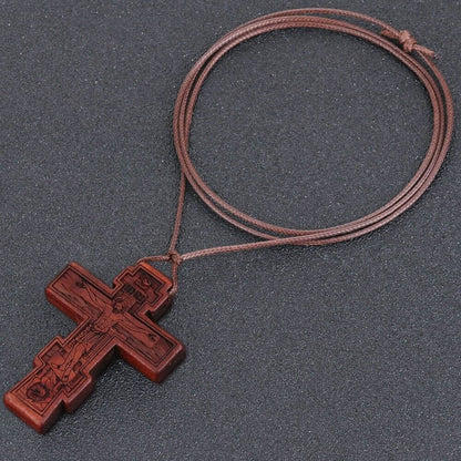 Wooden Cross Jesus Christ Religious Crucifix Christian Orthodox Pendant Necklace
