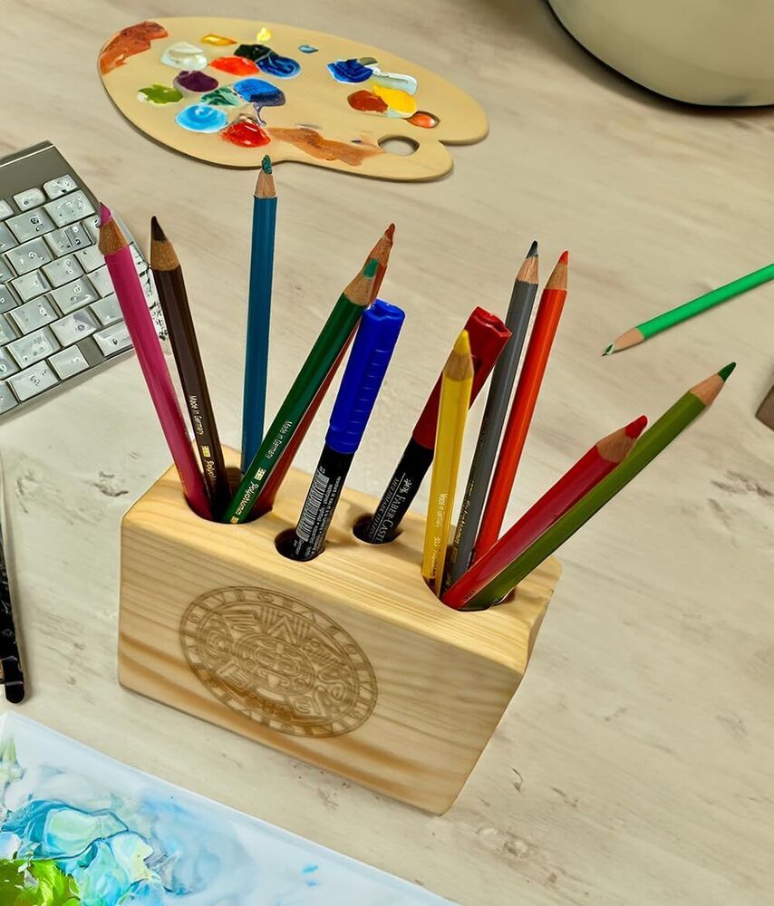 Pine Wood 4-Hole Desk Caddy Storage Organiser Pen Pencil Holder Office Decor