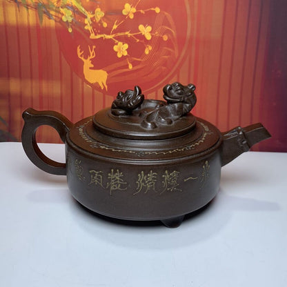 Vintage Chinese Yixing Purple Clay Teapot Zisha Ceremony Carving Collectible Art